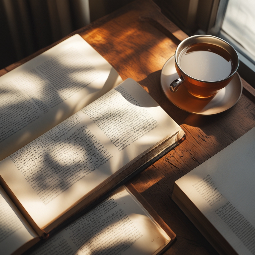Open hardcover book lying on a worn oak desk next to a cup of warm tea, soft morning light from a window casting long shadows across the pages, serene and scholarly atmosphere