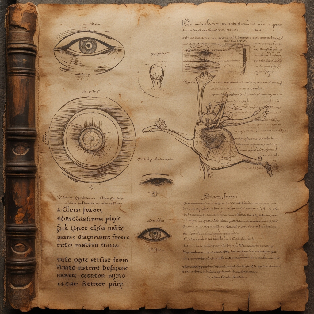 Ancient manuscript page with calligraphic illustrations of circular eye diagrams and anatomical sketches from a medieval scholarly text, warm parchment tones, aged paper texture