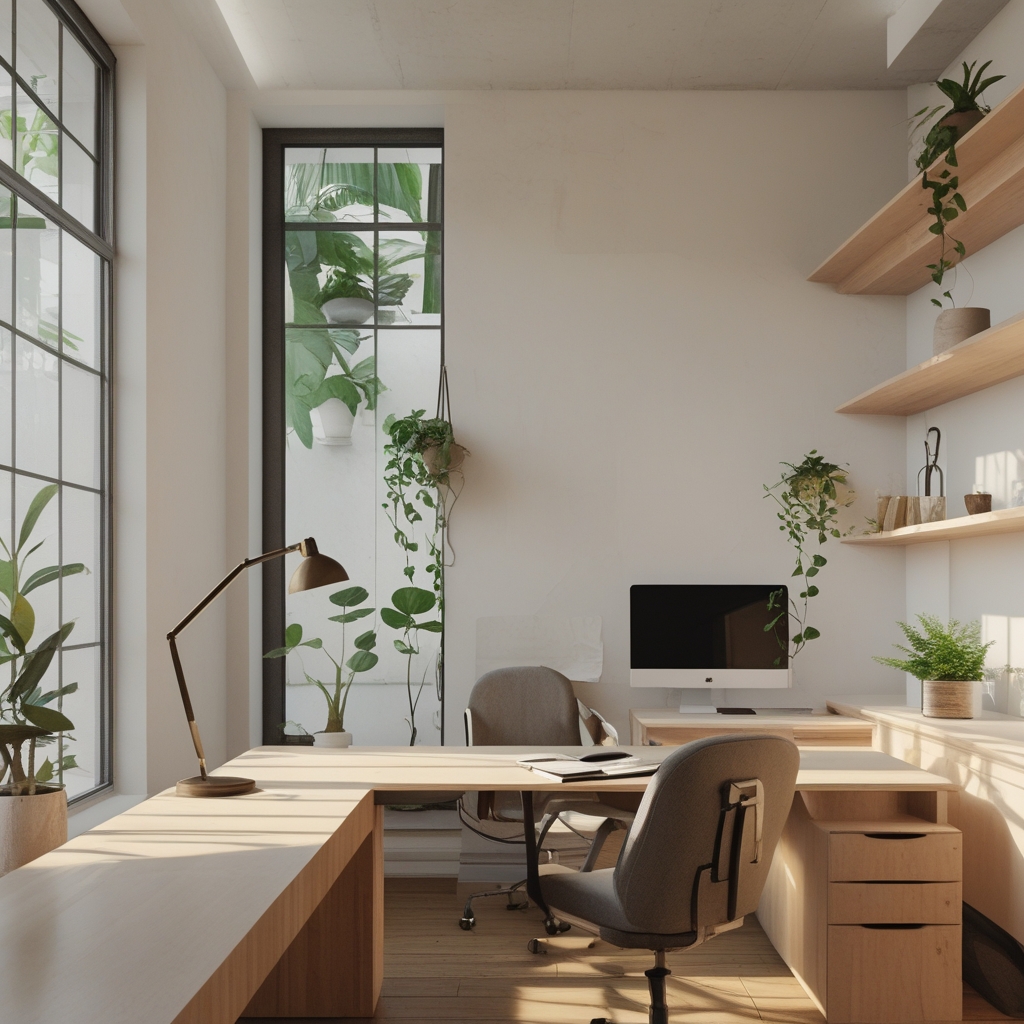 Bright minimalist home office with ergonomic wooden desk, adjustable lamp, clean walls with natural light from floor-to-ceiling windows, indoor plants on shelves, calm and organized workspace