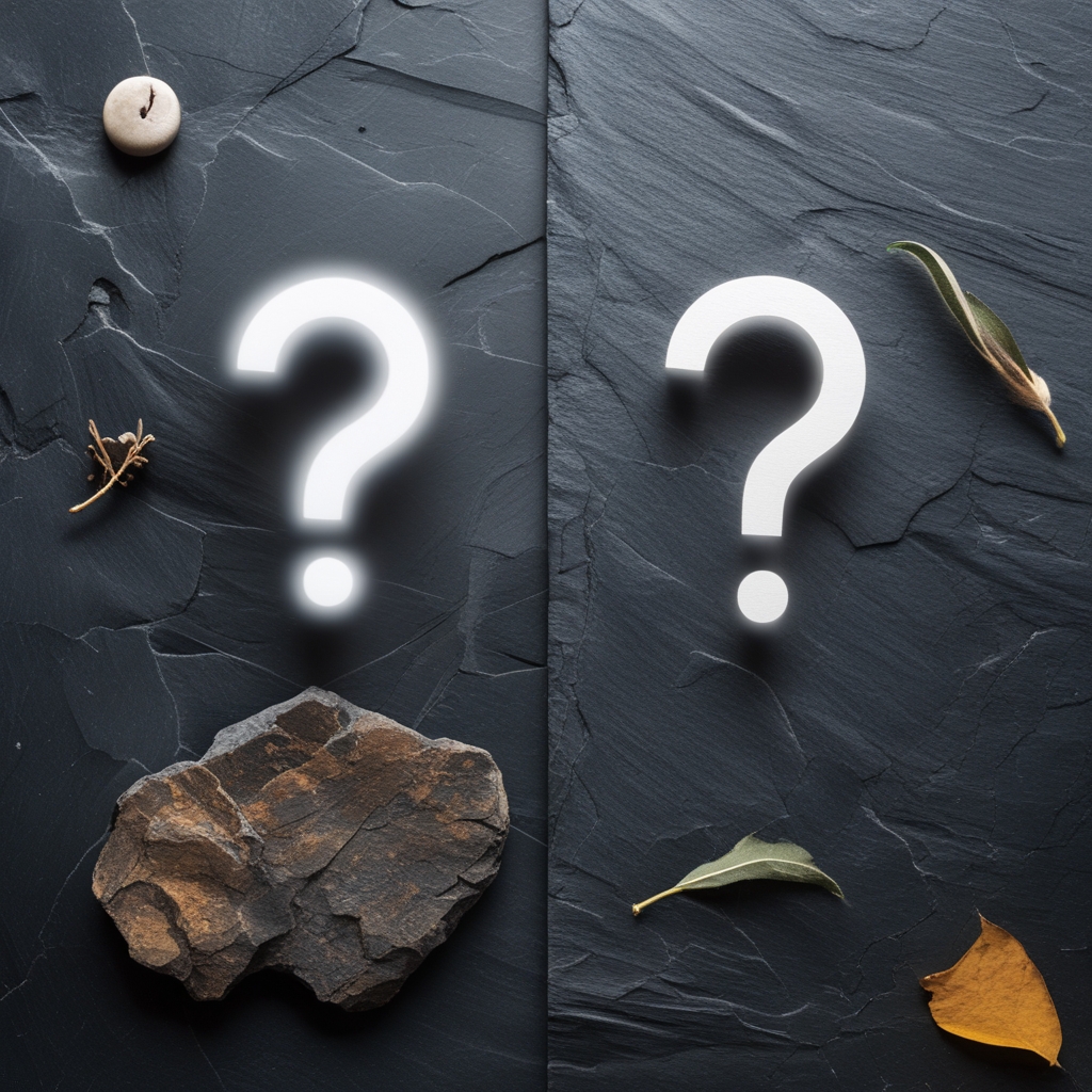 Split flat lay composition on dark slate surface: one side showing common myths represented by question marks and blurred objects, other side showing clear facts with sharp geometric shapes and clean typography, conceptual editorial photography