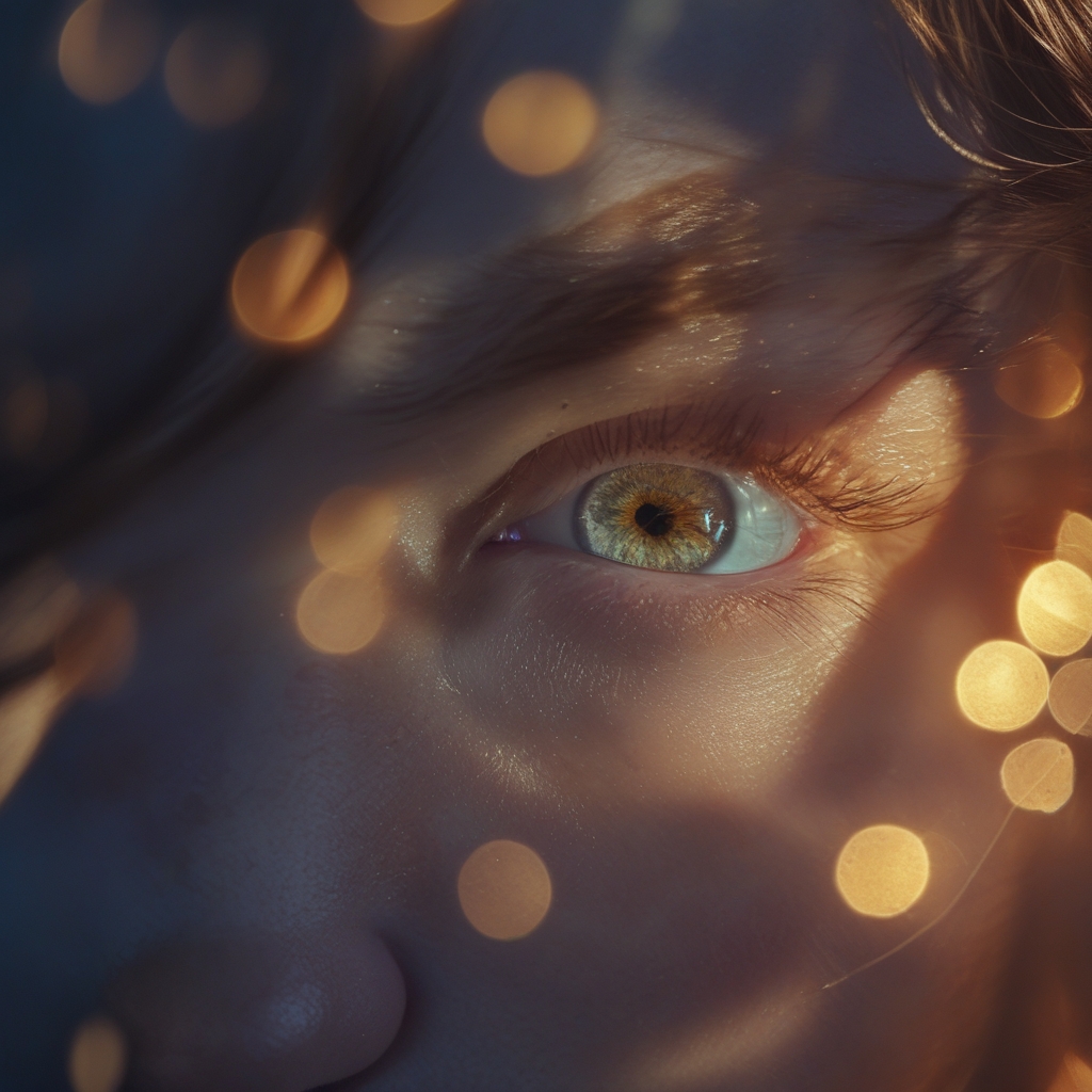 Close-up of a calm human eye with warm golden light illuminating the iris, shallow depth of field, cinematic bokeh background in deep navy tones