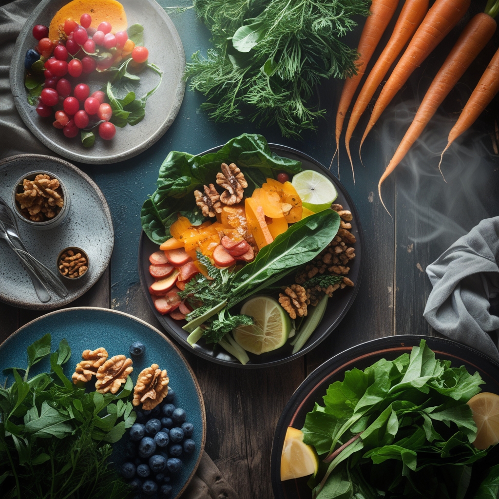 Colorful array of fresh vegetables and fruits including leafy greens, orange carrots, blueberries, and walnuts arranged on a rustic wooden table with natural light