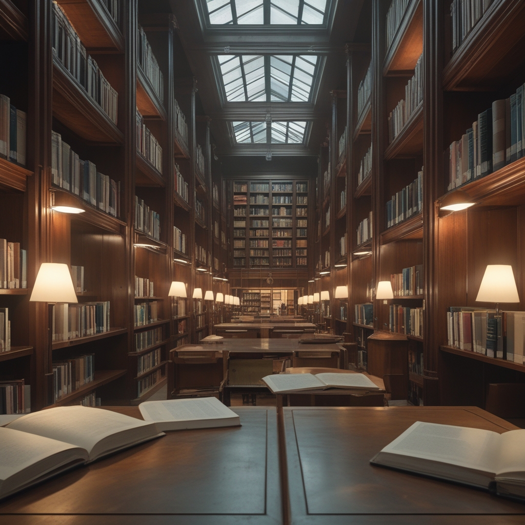 Academic library interior with tall wooden bookshelves filled with books, warm reading lamp light, open books on a study table, quiet scholarly atmosphere